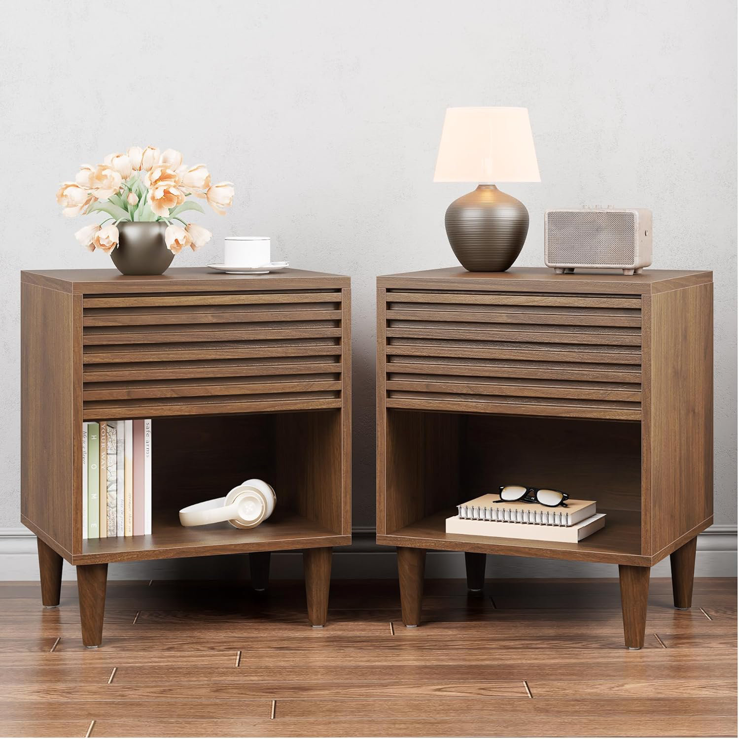 Hokku Designs Mid Century Modern Nightstands Set Of 2, Wood Fluted ...